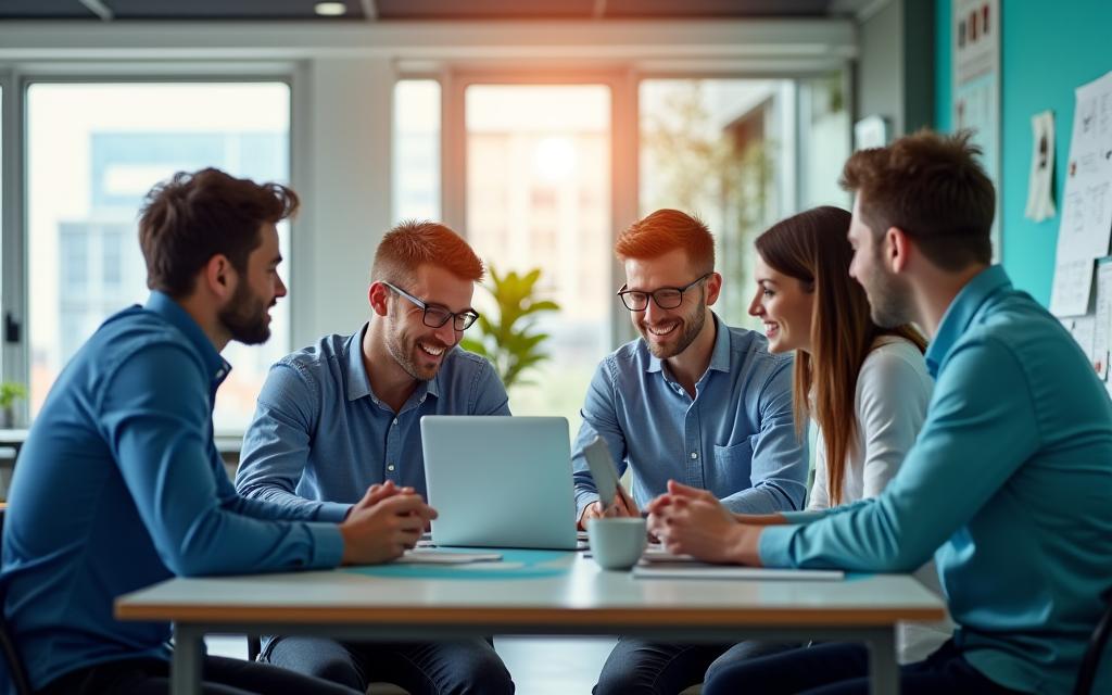 A team of healthcare technology professionals collaborating in a modern office.